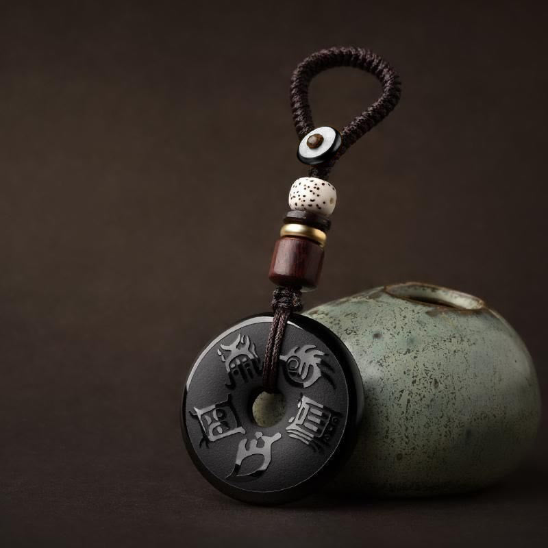 KarmaRipple's Black Obsidian Taoism Five Sacred Mountains Carved Strength Peace Buckle Pendant Necklace Key Chain Phone Hanging Decoration p2