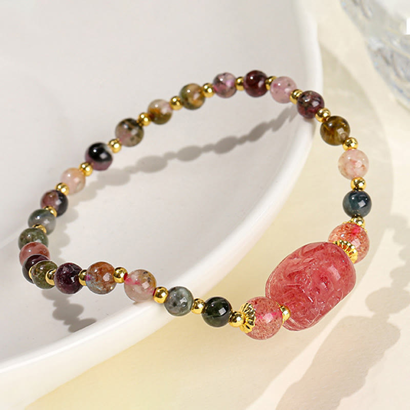 KarmaRipple's Moonstone Strawberry Quartz Tourmaline PiXiu Balancing Bracelet p9
