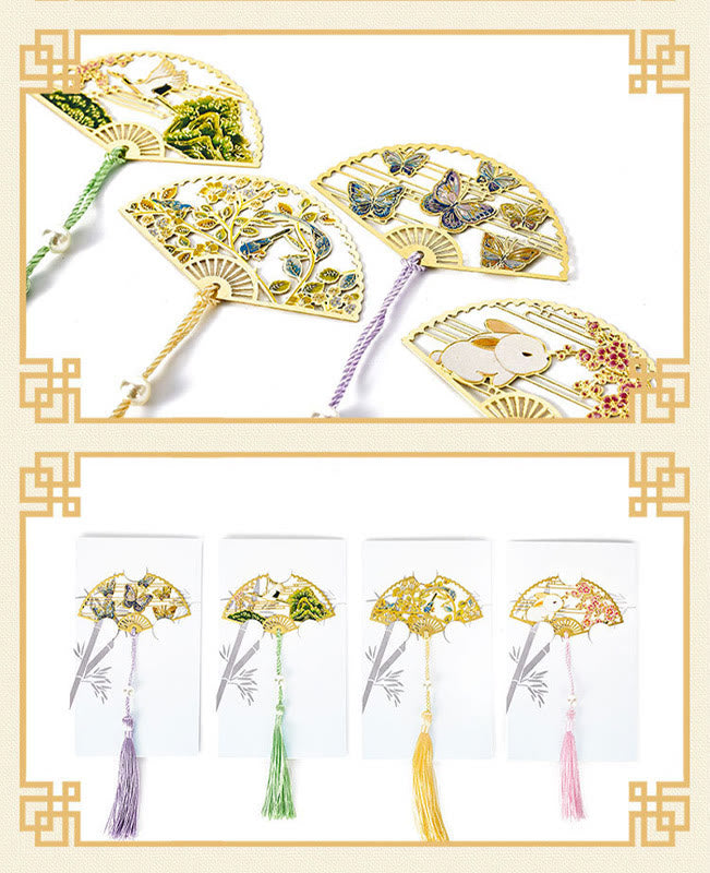 KarmaRipple's Traditional Butterfly Lotus Flower Crane Dragon Phoenix Fox Koi Fish New Beginning Metal Brass Hollow Fan Bookmarks p25