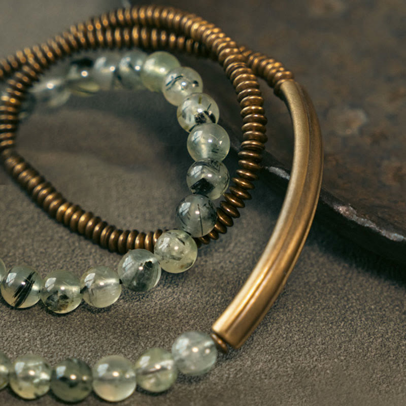 KarmaRipple's Purple Phantom Red Hematoid Quartz Green Rutilated Quartz Bronze Love Forgive Bracelet p22