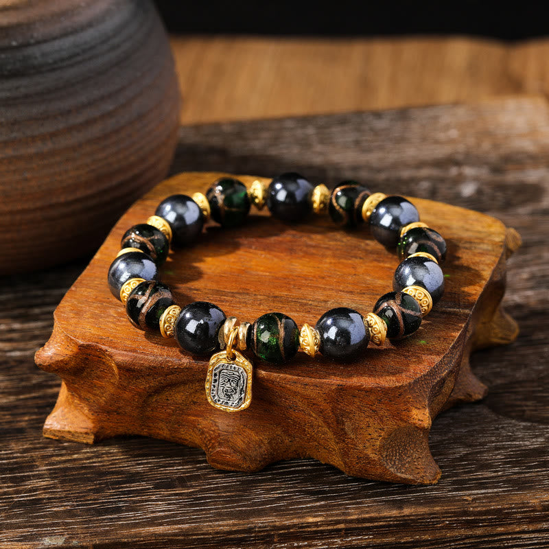 KarmaRipple's Tibetan Zakiram Goddess of Wealth Liuli Glass Incense Ash Porcelain Bead Fortune Bracelet p28