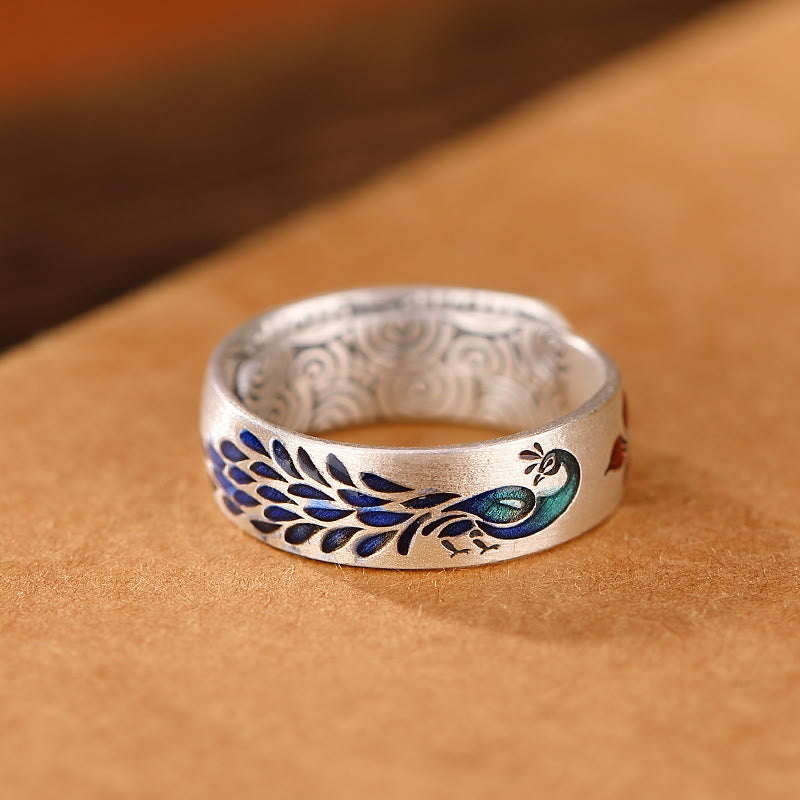 KarmaRipple's 999 Sterling Silver Peacock Auspicious Clouds Engraved Lotus Flower Fortune Ring p2