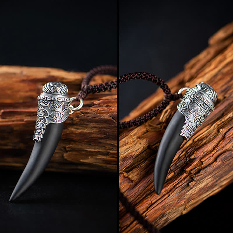 KarmaRipple's 925 Sterling Silver Black Obsidian Wolf Tooth Pattern Strength Pendant Necklace p9