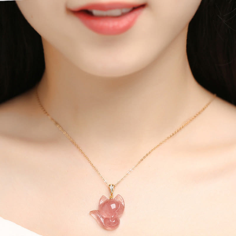 KarmaRipple's 14k Gold Plated 925 Sterling Silver Strawberry Quartz Fox Balancing Pendant Necklace p6