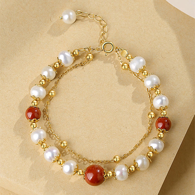 KarmaRipple's 925 Sterling Silver Pearl Cinnabar Wisdom Bead Double Layer Chain Bracelet p5
