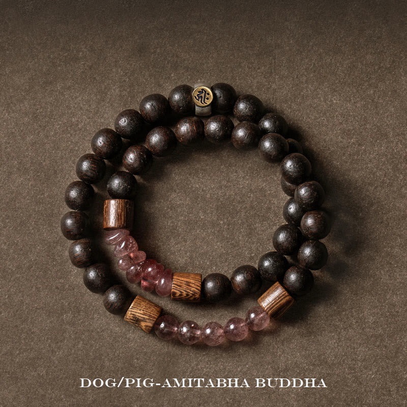 KarmaRipple's 925 Sterling Silver Chinese Zodiac Natal Buddha Agarwood Strawberry Quartz Peace Double Wrap Bracelet p48