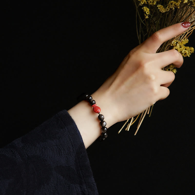 KarmaRipple's Authentic Silver Sheen Obsidian Cinnabar Koi Fish Soothing Protection Bracelet p7