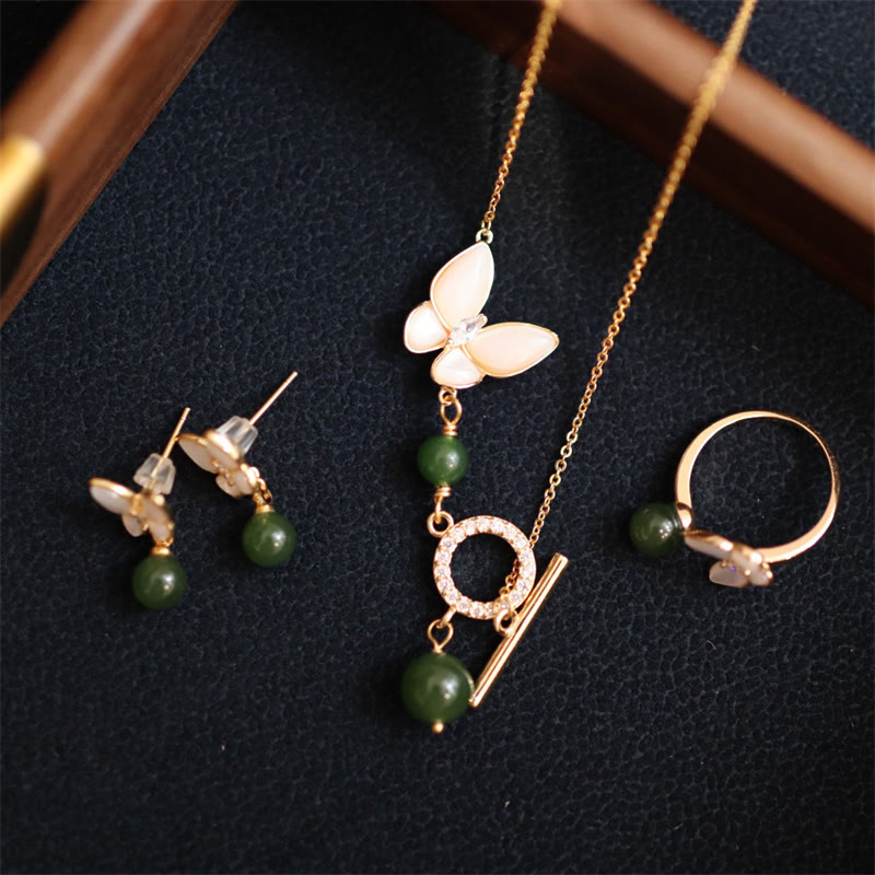 KarmaRipple's Authentic Cyan Jade Tridacna Stone Butterfly Bead Balancing Pendant Necklace Ring Earrings p4