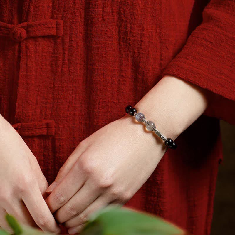 KarmaRipple's 925 Sterling Silver Obsidian Moonstone Strength Pair Bracelet p10