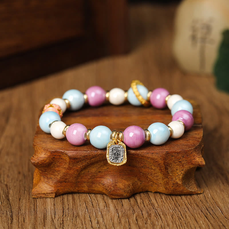 KarmaRipple's Tibetan Zakiram Goddess of Wealth Rabbit Lion Head Talisman Liuli Glass Incense Ash Porcelain Bead Protection Bracelet p14