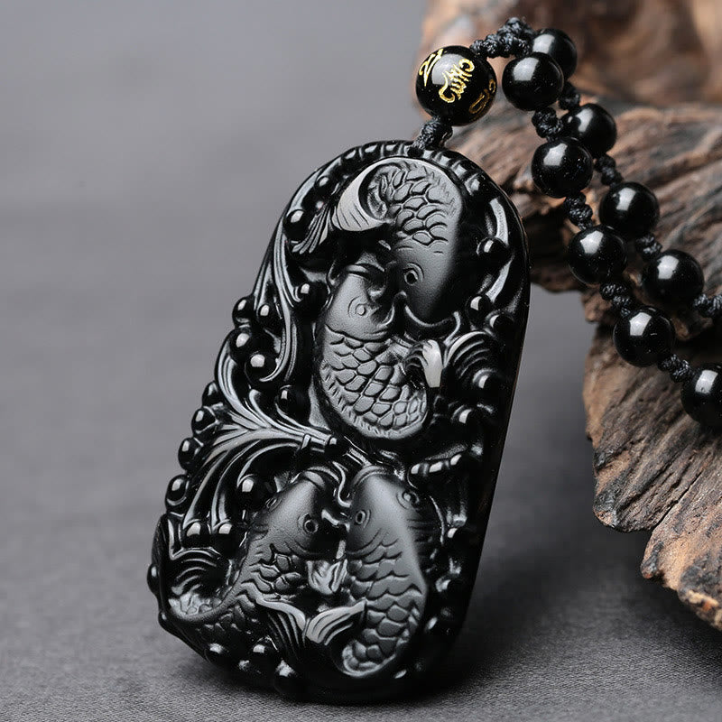 KarmaRipple's Black Obsidian Koi Fish Engraved Strength Beaded Pendant Necklace p3