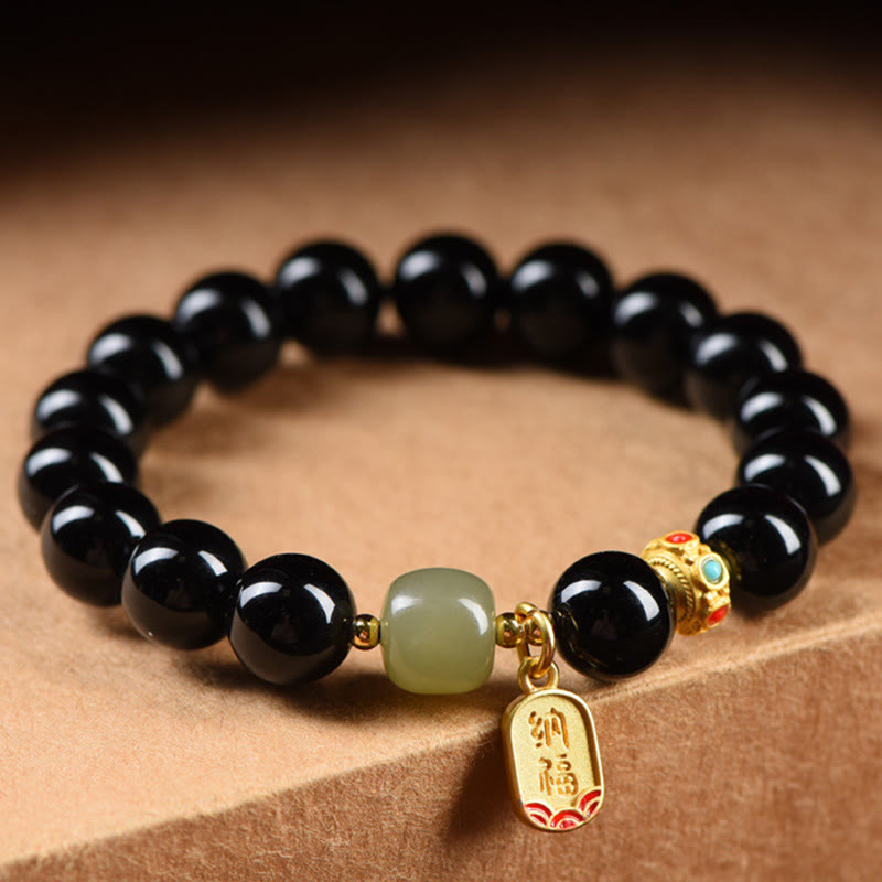 KarmaRipple's Black Onyx Hetian Jade Bead Fortunate Fortune Talisman Bracelet p2