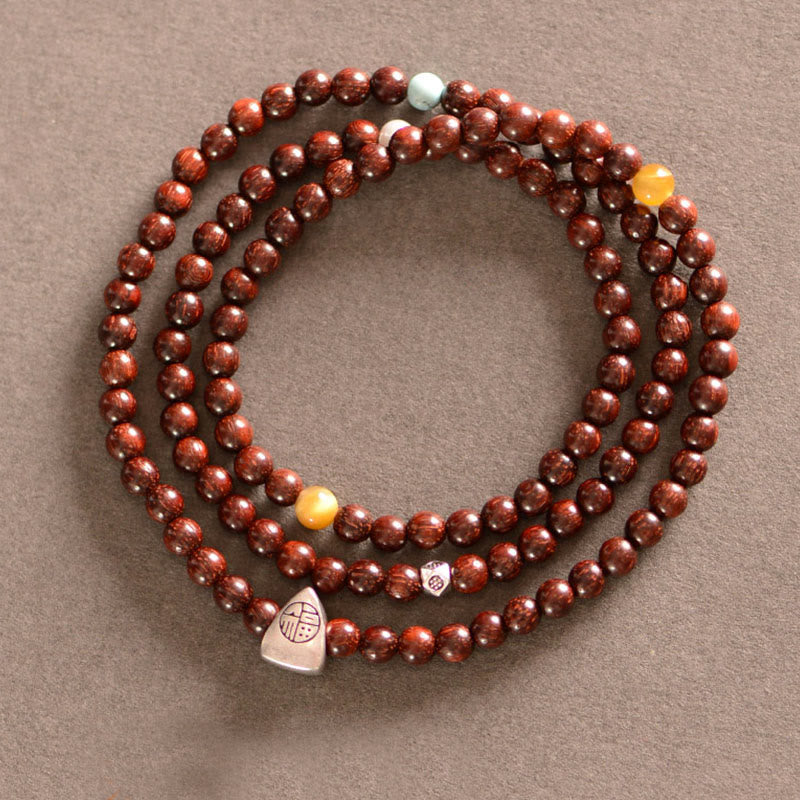 KarmaRipple's 925 Sterling Silver Indian Small Leaf Red Sandalwood Fu Character Protection Triple Wrap Bracelet p20