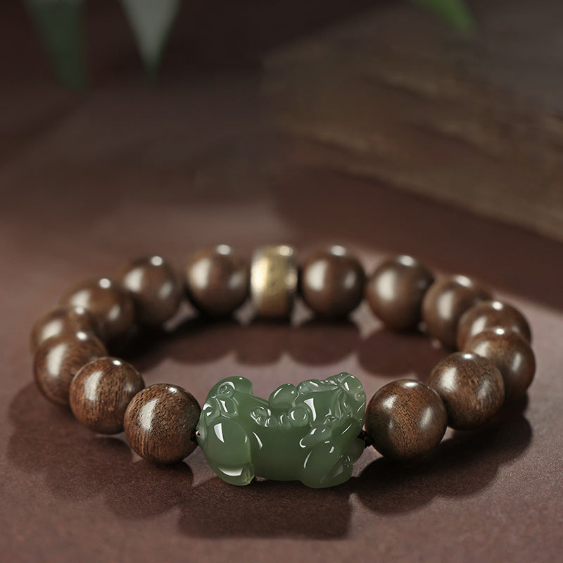 KarmaRipple's 925 Sterling Silver Brunei Agarwood PiXiu Jade Peace Strength Bracelet p21
