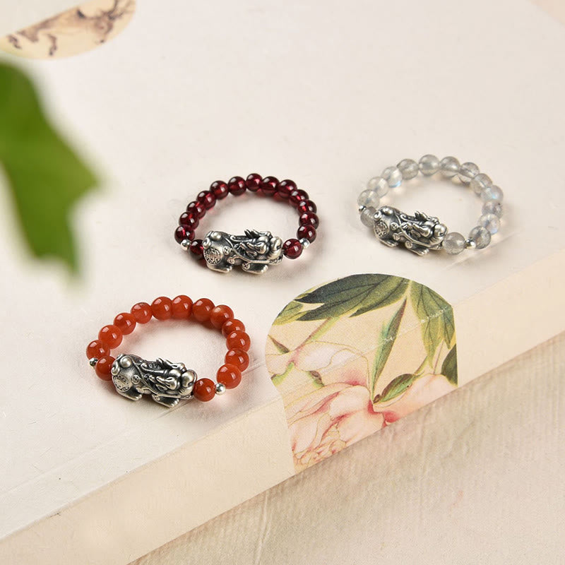 KarmaRipple's 925 Sterling Silver Authentic Garnet Moonstone Red Agate PiXiu Wealth Ring p4