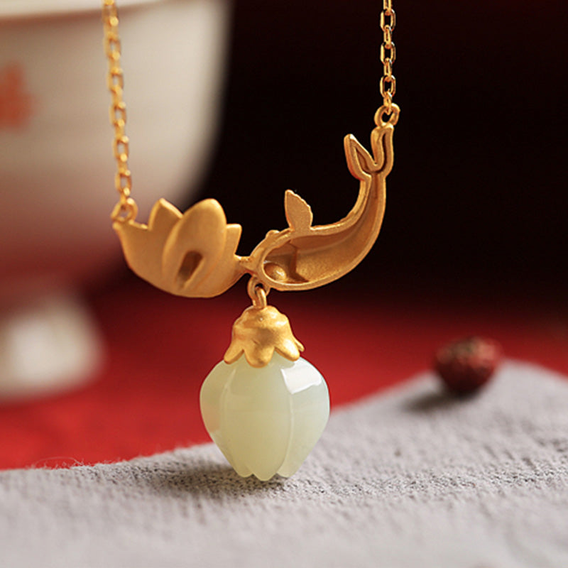 KarmaRipple's 925 Sterling Silver Ivory Jade Koi Fish Lotus Protection Pendant Necklace p6