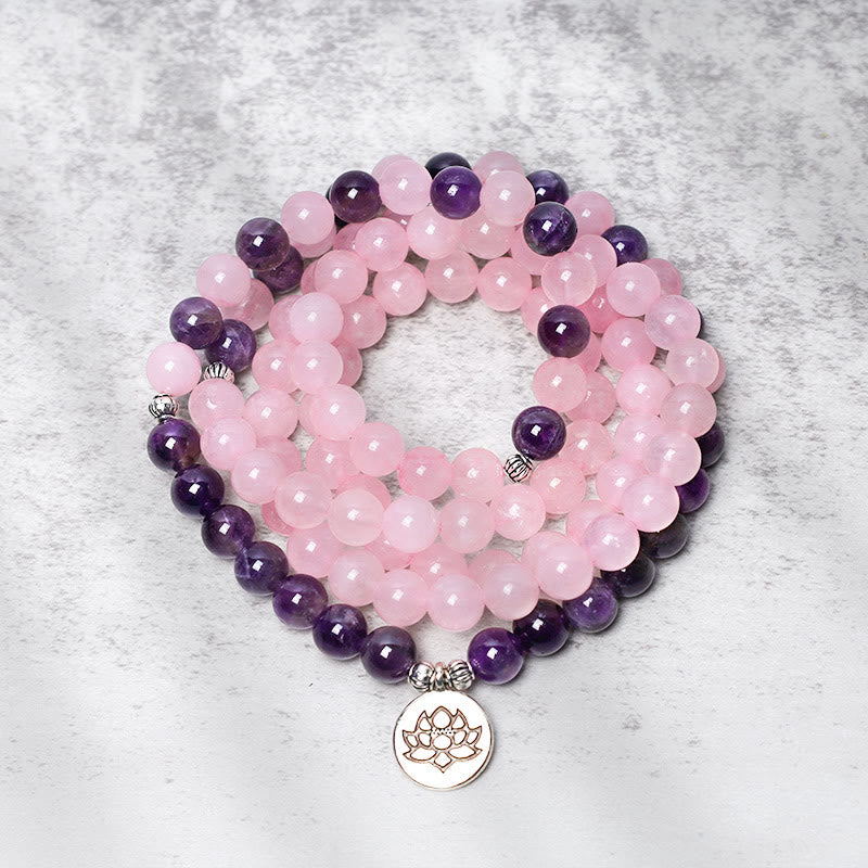 KarmaRipple's Authentic Rose Quartz & Amethyst Mala Bead Lotus Necklace Bracelet p5