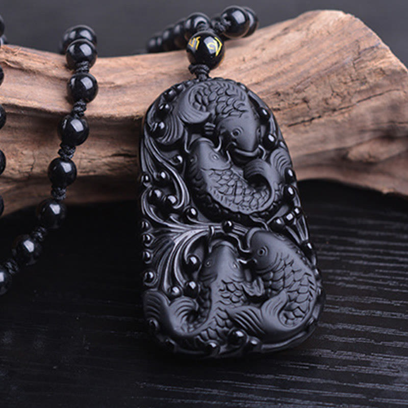 KarmaRipple's Black Obsidian Koi Fish Engraved Strength Beaded Pendant Necklace p13