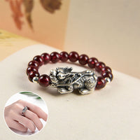 KarmaRipple's 925 Sterling Silver Authentic Garnet Moonstone Red Agate PiXiu Wealth Ring
