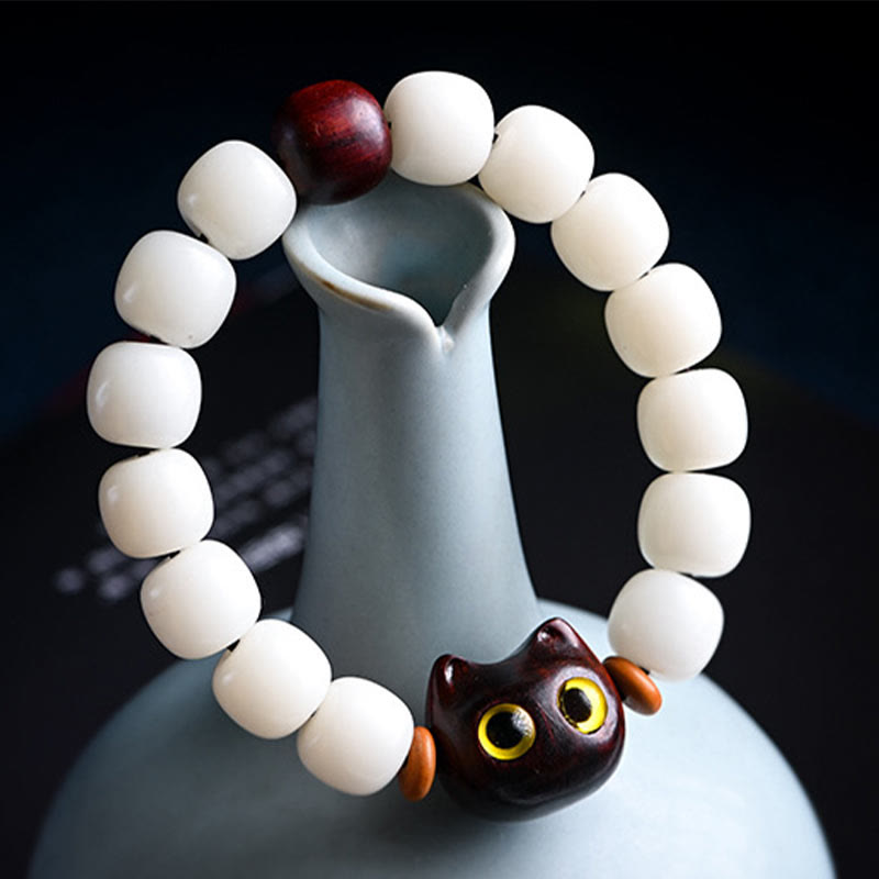 KarmaRipple's Authentic Bodhi Seed Small Leaf Red Sandalwood Ebony Wood Cute Fortunate Cat Wisdom Bracelet p4