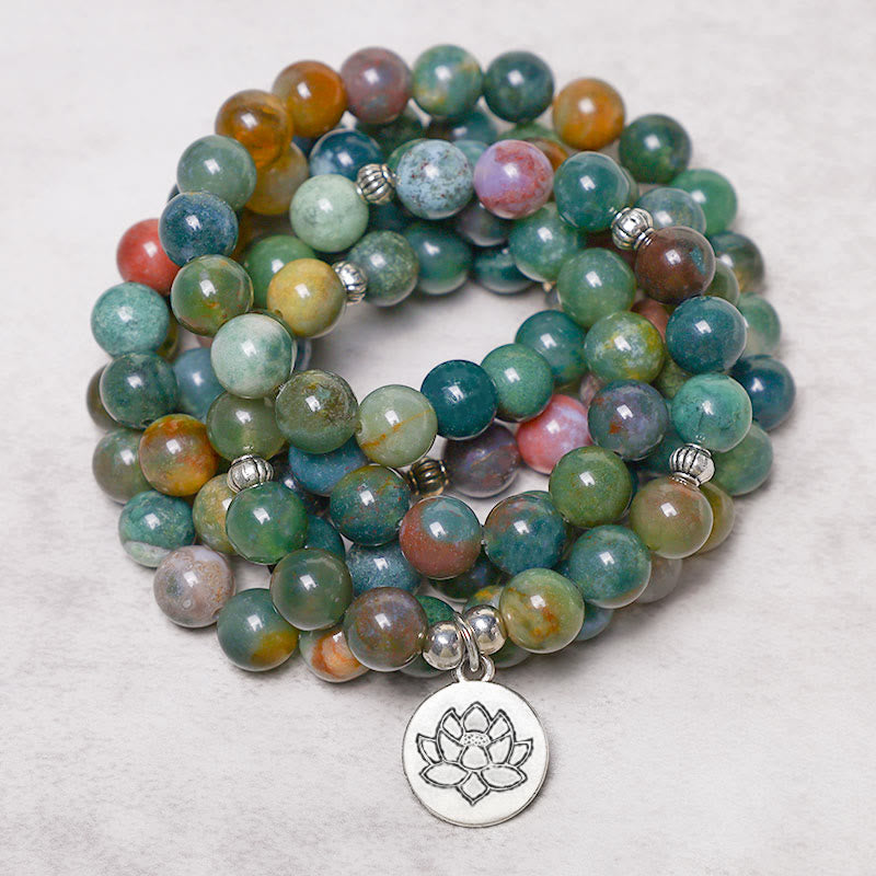 KarmaRipple's 108 Mala Beadwork Indian Agate Lotus OM Buddha Tree of life Positive Calm Bracelet p13