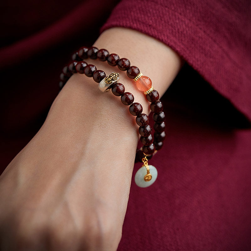 KarmaRipple's Chinese Zodiac Natal Buddha Small Leaf Red Sandalwood Jade Red Agate PiXiu Sooth Bracelet p22