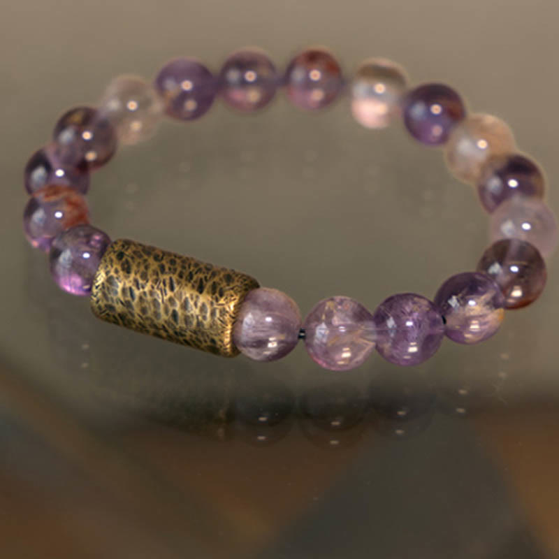 KarmaRipple's Ivory Gemstone Red Hematoid Quartz Gold Rutilated Quartz Purple Phantom Protection Bracelet p29