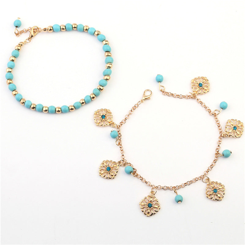 KarmaRipple's 2Pcs Turquoise Stone Flower Protection Bracelet Anklet p7