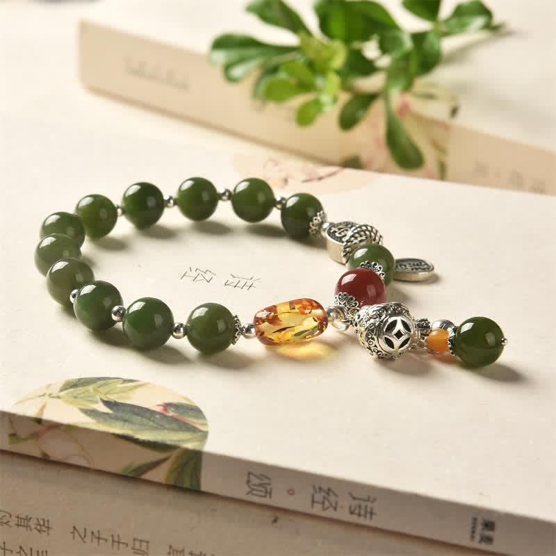 KarmaRipple's 925 Sterling Silver Hetian Cyan Jade Gourd Amber Success Bracelet p7