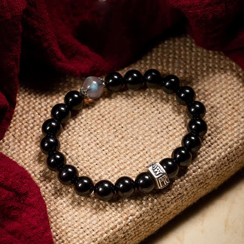KarmaRipple's Chinese Zodiac Natal Buddha 925 Sterling Silver Black Obsidian Moonstone Strength Bracelet p28