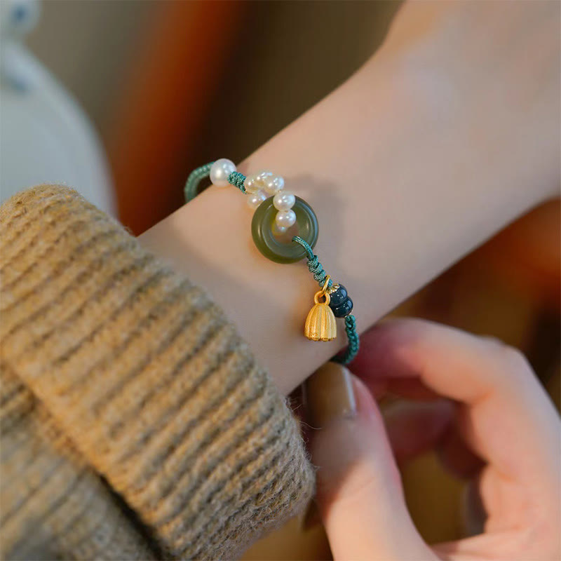 KarmaRipple's Authentic Hetian Jade Peace Buckle Pearl Fortune Handcrafted Woven Bracelet p7