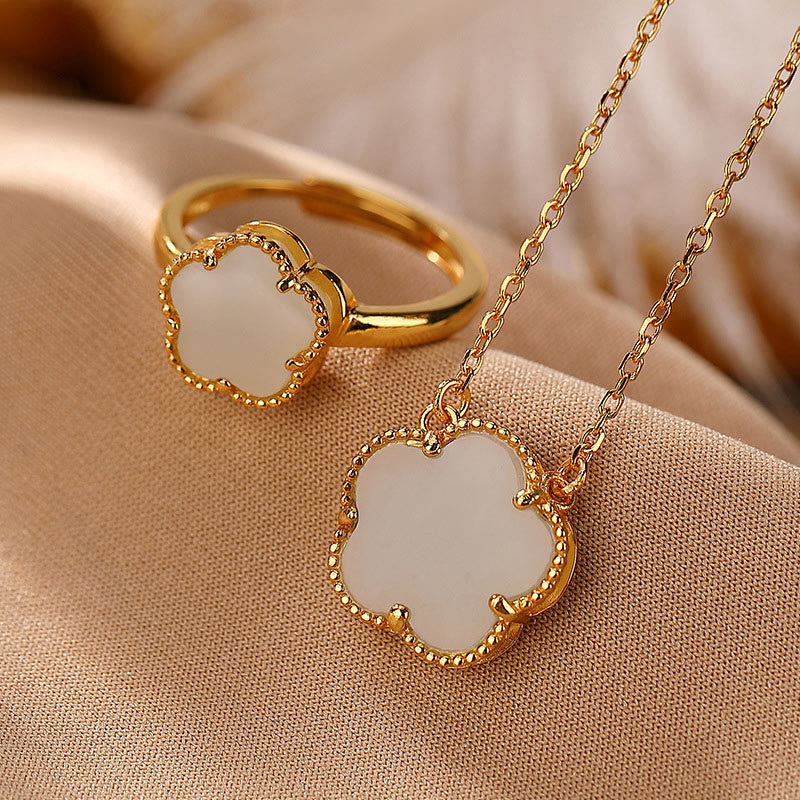 KarmaRipple's 925 Sterling Silver Plated Gold Authentic Hetian Jade Flower Fortune Pendant Necklace Ring Set p17