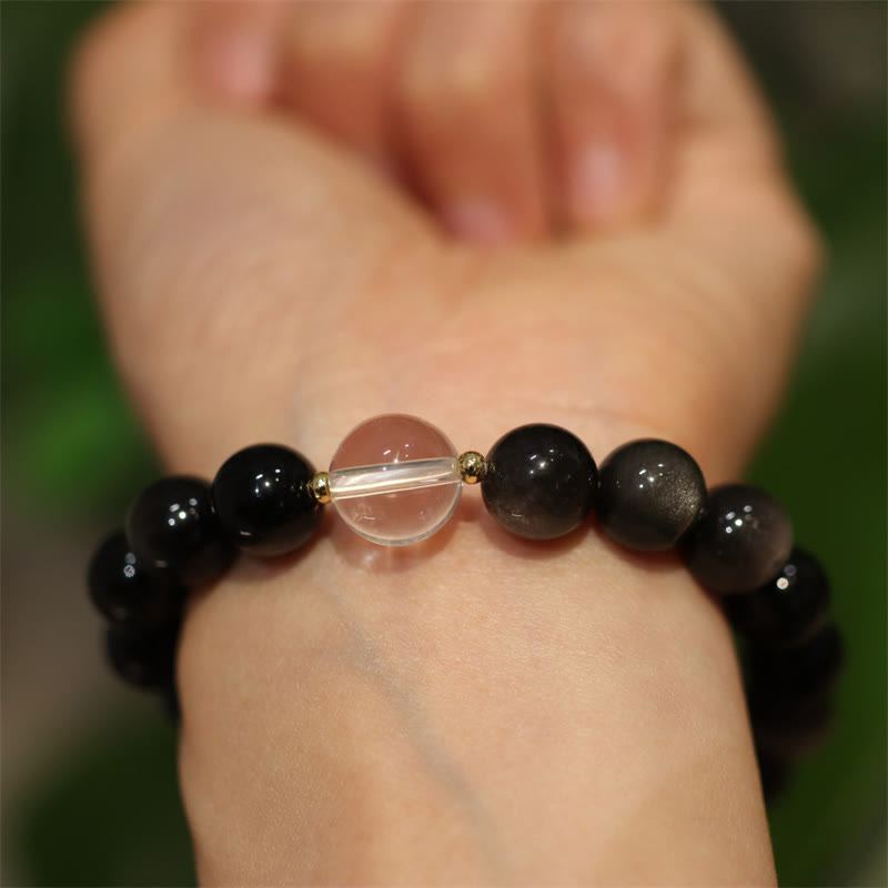 KarmaRipple's Authentic Silver Sheen Obsidian Pink Gemstone Ivory Gemstone Protection Yin Yang Color Pair Bracelet p12