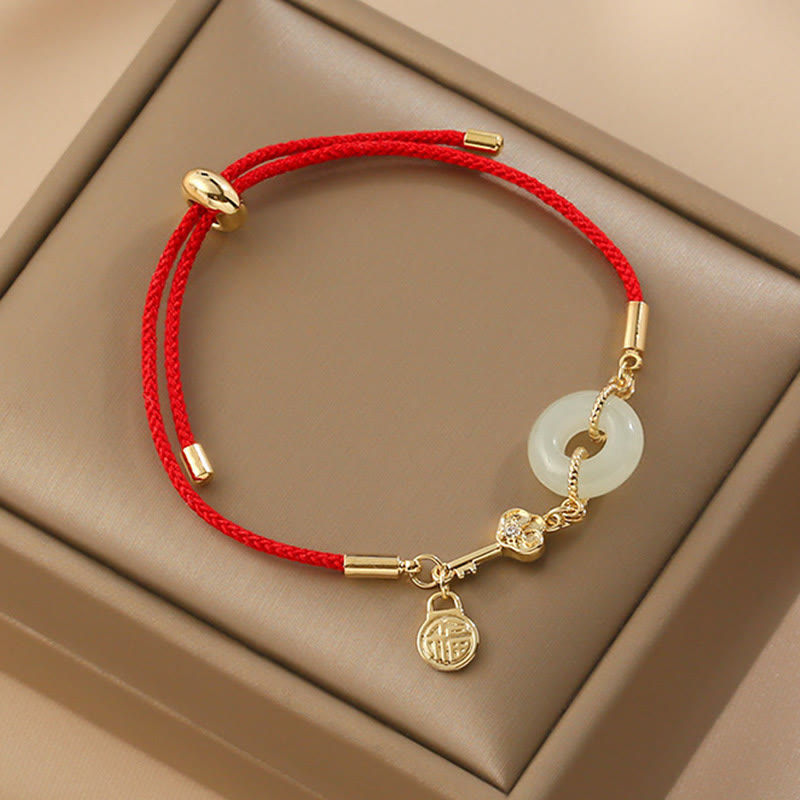 KarmaRipple's 18K Gold Plated Hetian Jade Peace Buckle Fu Character Fortune Red Rope Bracelet p20
