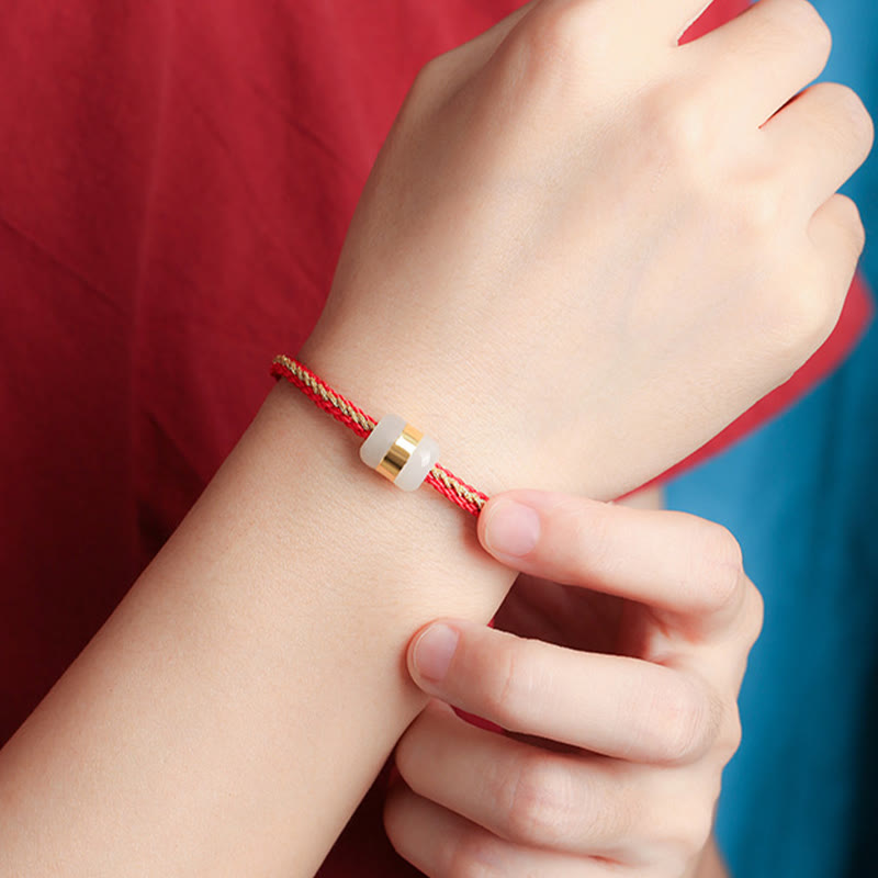 KarmaRipple's 999 Gold Hetian Ivory Jade Om Mani Padme Hum Fu Character Fortune Woven Bracelet p9