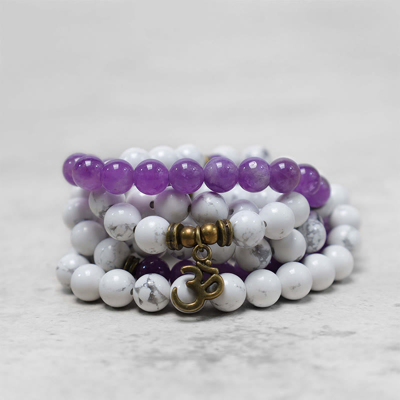 KarmaRipple's 108 Mala Beadwork Amethyst Ivory Turquoise OM Balancing Meditation Energy Bracelet p4