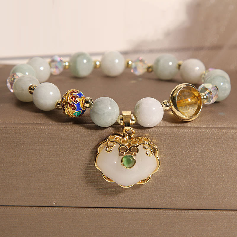KarmaRipple's Strawberry Quartz Green Gemstone Amethyst Balancing Chinese Lock Talisman Bracelet p23