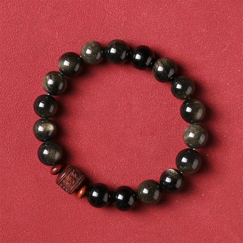 KarmaRipple's Authentic Gold Sheen Obsidian Rainbow Obsidian Om Mani Padme Hum Fu Character Balancing Bracelet p12