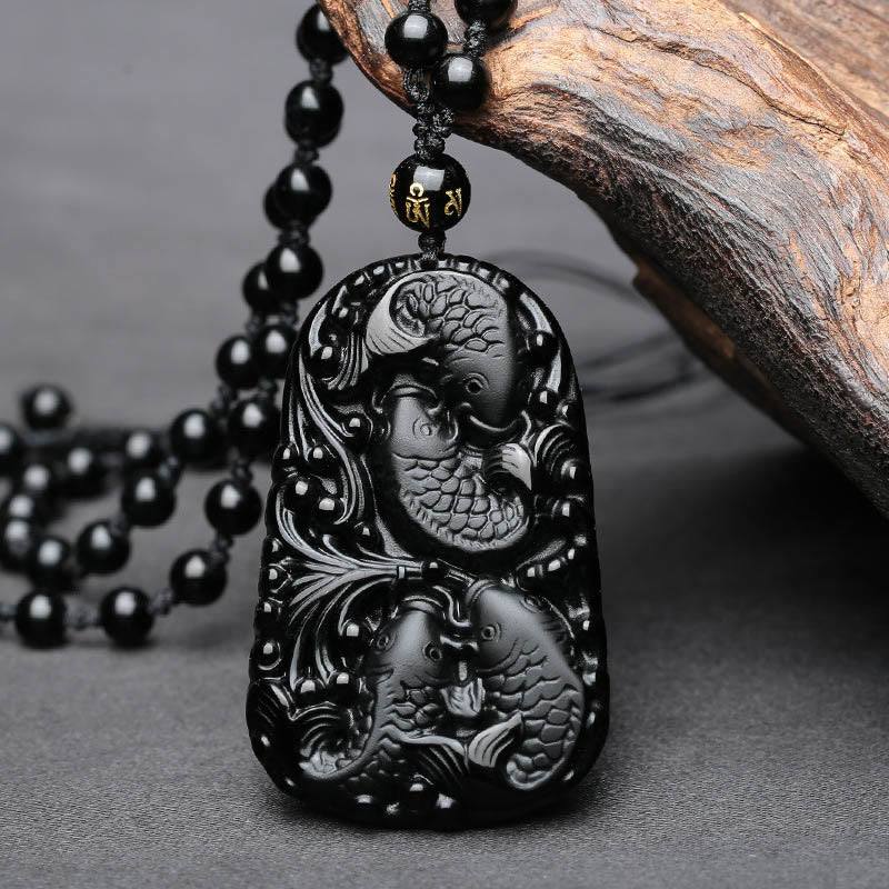 KarmaRipple's Black Obsidian Koi Fish Engraved Strength Beaded Pendant Necklace p8