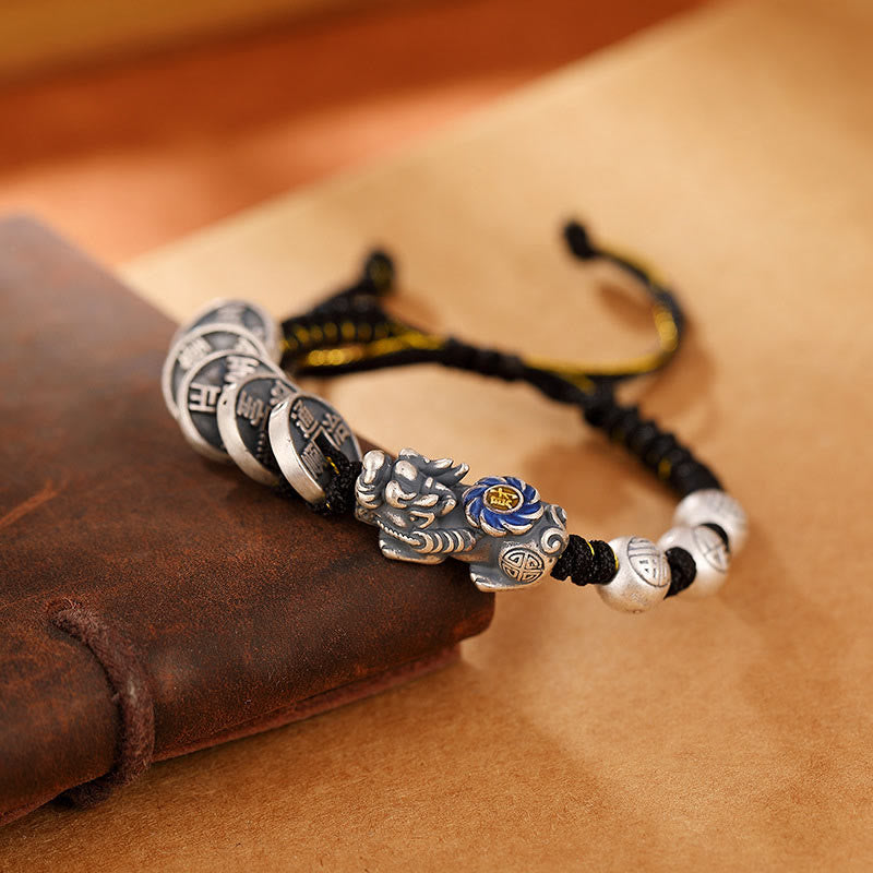 KarmaRipple's 999 Sterling Silver FengShui PiXiu Bronze Coin Fu Character Wealth Woven Bracelet p3