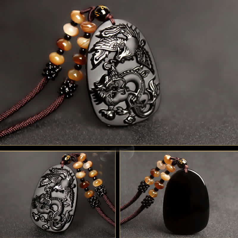 KarmaRipple's Black Obsidian Tiger Eye Dragon Phoenix Protection Beaded Pendant Necklace p9