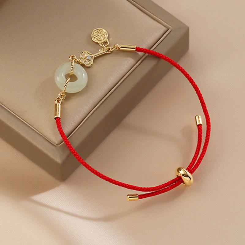 KarmaRipple's 18K Gold Plated Hetian Jade Peace Buckle Fu Character Fortune Red Rope Bracelet p9