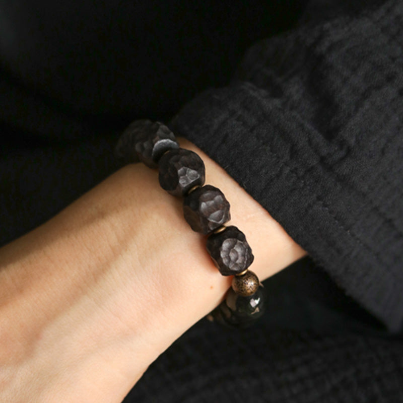 KarmaRipple's Black Obsidian Ebony Wood Bronze Strength Pair Bracelet p5