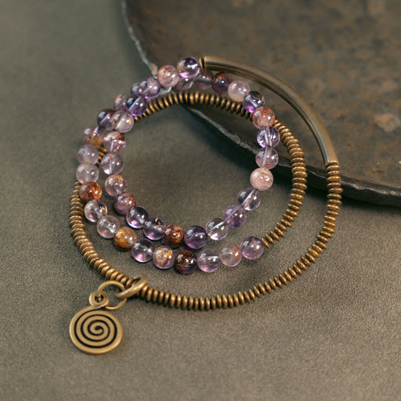 KarmaRipple's Purple Phantom Red Hematoid Quartz Green Rutilated Quartz Bronze Love Forgive Bracelet p33
