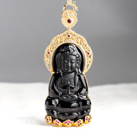 KarmaRipple's 925 Sterling Silver Authentic Black Jade Kwan Yin Avalokitesvara Wealth Pendant Necklace