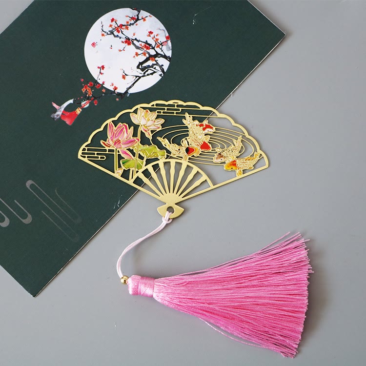 KarmaRipple's Traditional Butterfly Lotus Flower Crane Dragon Phoenix Fox Koi Fish New Beginning Metal Brass Hollow Fan Bookmarks p15