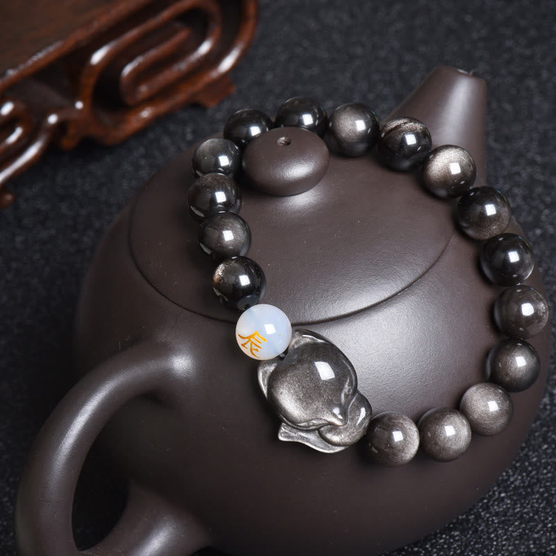 KarmaRipple's Authentic Rainbow Obsidian Gold Sheen Obsidian Silver Sheen Obsidian Fox Balancing Bracelet p53