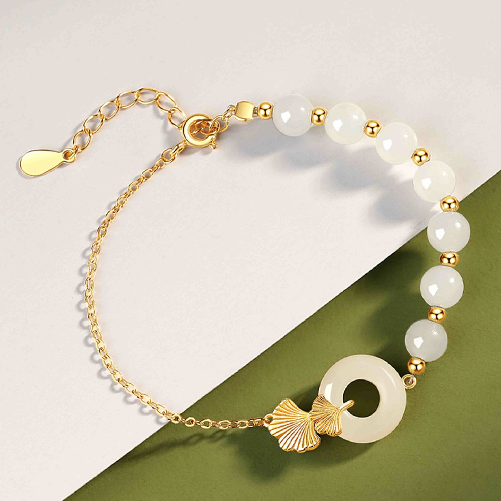 KarmaRipple's 925 Sterling Silver Hetian Ivory Jade Peace Buckle Ginkgo Leaf Fortune Bracelet p7
