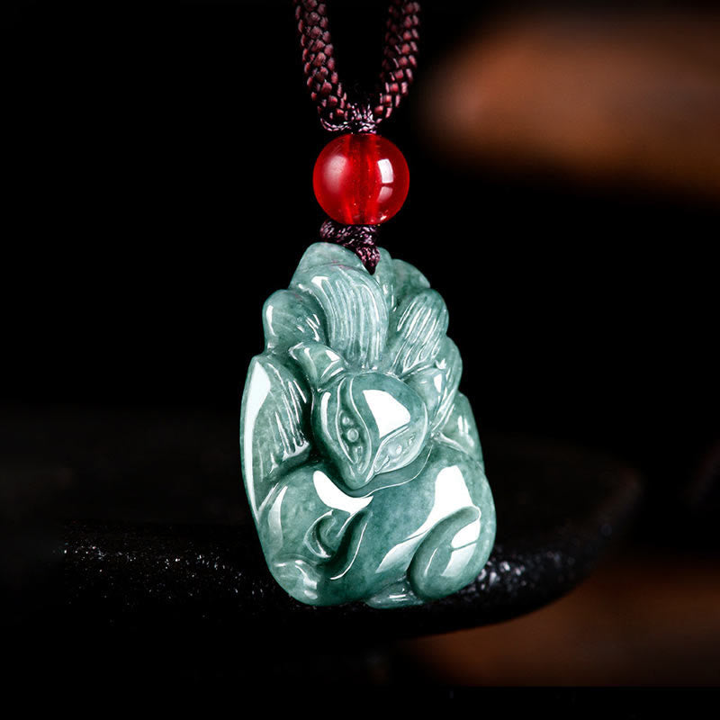 KarmaRipple's Authentic Green Jade Nine Tailed Fox Engraved Prosperity Pendant Necklace p2