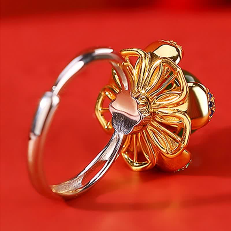 KarmaRipple's 925 Sterling Silver Ivory Jade Cyan Jade Lotus Flower Success Ring p7